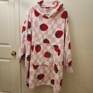Strawberries All-Over Print Pink Long Sleeve Oversized Hoodie Wearable Blanket